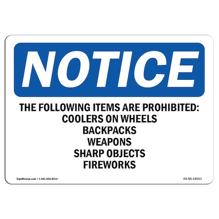 Signmission Safety Sign, OSHA Notice, 10" Height, The Following Items Are Prohibited Coolers Sign, Landscape OS-NS-D-1014-L-18563